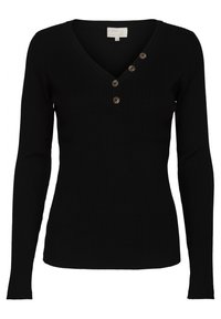 Svart ribbad långärmad topp med V-ringning och tre knappdetaljer vid kragen; åtsittande design med texturerat tyg.
