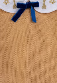 Maglione lavorato a maglia di colore marrone chiaro con un colletto bianco decorato con ricami floreali e animali; arricchito da un fiocco di velluto blu al collo.