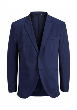Blazer bleu marine en tissu lisse, à la coupe ajustée, avec une fermeture à un bouton, deux poches avant et une poche poitrine.