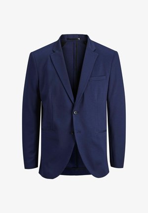 Sacou bleumarin dintr-un material neted, cu un design ajustat, închidere cu un singur nasture, două buzunare frontale și un buzunar pe piept.