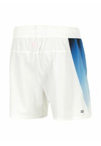 Männer Schwimmshorts in Weiß mit einem blauen Farbverlauf an der Seitennaht, elastischem Bund und glatter Stoffstruktur. Markenlogo auf der unteren linken Seite angebracht.