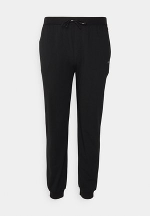 Pantalons de jogging noirs avec une taille élastique, un cordon de serrage ajustable, des chevilles côtelées et des poches latérales. Fabriqués en tissu doux et extensible.