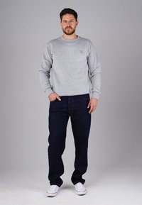 Hellgrauer Sweatshirt mit Rundhalsausschnitt und gerippten Bündchen, kombiniert mit dunkelblauen Jeans und weißen Sneakers. Schlichtes, lässiges Design.
