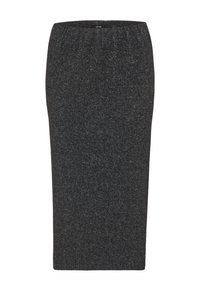 Jupe crayon ajustée gris foncé longueur genou avec un motif texturé subtil et une taille élastique.