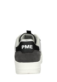 Men's sneaker with a gray suede heel, black back panel featuring "PME" in white, and a smooth white and gray upper. Rubber sole visible.