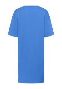 Blaues T-Shirt mit kurzen Ärmeln, von hinten gezeigt, mit Rundhalsausschnitt und geradem Saum.
