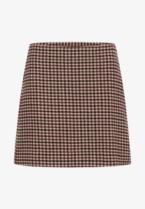 Een roodgekruist mini-jurk met een rechte snit en een gestructureerde stof. Geen zichtbare sluitingen of versieringen.