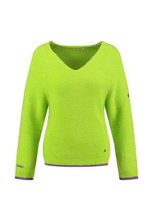 Maglione verde vivace in maglia con scollo a V, maniche lunghe, trama coste e dettagli viola sui polsini e sull'orlo.