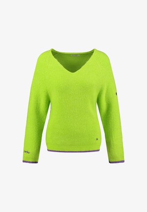 Żywa zielona dzianinowa sweter z dekoltem w serek, długimi rękawami, prążkowaną fakturą oraz fioletowymi akcentami na mankietach i dolnym brzegu.