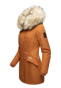 Orange winter coat featuring a large fur-lined hood, zippered front, and patch detail on the sleeve. Textured fabric with side pockets.