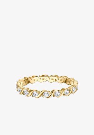 Goldener Ring mit gedrehtem Design, der runde klare Edelsteine gleichmäßig um das Band auf weißem Hintergrund verteilt.