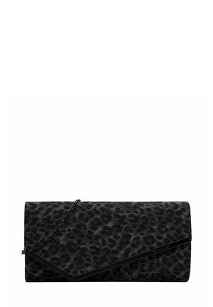 Black fabric clutch with a textured leopard print, featuring a chain strap and an angled flap closure design. Smooth accent trim along the edge.