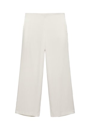 Pantaloni a gamba larga, vita alta, colore crema con davanti liscio e orli dritti, mostrati su sfondo bianco.