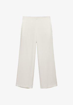 Pantaloni a gamba larga, vita alta, colore crema con davanti liscio e orli dritti, mostrati su sfondo bianco.