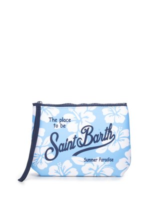 Trousse zippée fleurie bleue et blanche avec bordure marine, avec le texte « Saint Barth » et les phrases « The place to be » et « Summer Paradise ».