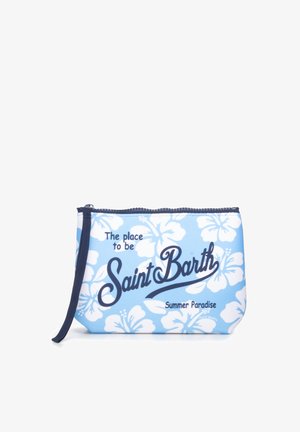 Bustina con zip floreale blu e bianca con bordatura navy, con testo "Saint Barth" e le frasi "The place to be" e "Summer Paradise".