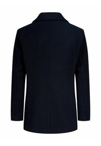 Marineblauw wollen jas met een geknipt kraag, lange mouwen en een rugnaaddetail. Glad textuur, middellange ontwerp. Geen zichtbare hardware of accenten.