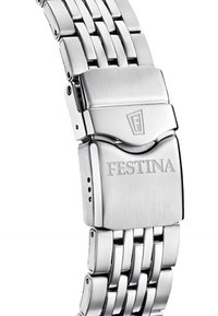 Sidabrinė nerūdijančio plieno laikrodžio apyrankė su poliruotu ir matinio paviršiaus apdaila. Įrengta sulankstoma sagtis su išgraviruotu "FESTINA" logotipu.