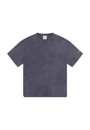 Navy blue cotton t-shirt with a crew neckline, short sleeves, a front pocket, and a small logo on the left sleeve. Worn texture.