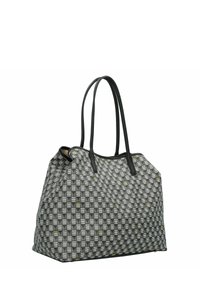 Grijze tote bag met een patroon en zwarte leren handvatten, met een geblokt ontwerp en kleine gele accenten. Ruimtelijk en gestructureerde vorm.