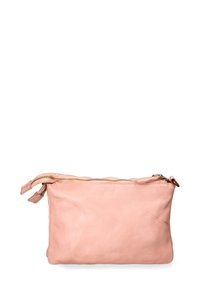 Borsa a pochette rosa in pelle con zip, dalla superficie liscia, forma rettangolare e doppi cursori per la zip. Design minimalista e senza ulteriori dettagli.