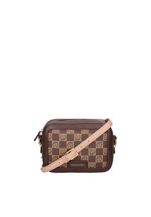 Bruine geruite schoudertas met rozenpatronen, beige verstelbare riem met gouden gesp en "braccialini" logo aan de voorkant.