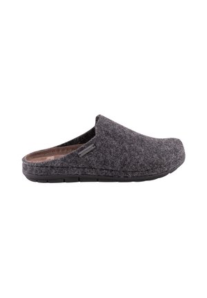 Gray felt clogs with a soft texture and a rounded toe; feature a black rubber sole and a subtle logo accent on the side.