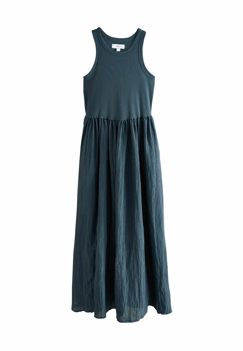 Robe maxi bleu foncé sans manches avec un corsage ajusté et une jupe fluide froncée descendant jusqu'aux chevilles.