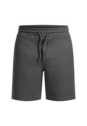 Graue Sportshorts mit einem Kordelzugbund, glatter Textur und Länge bis über das Knie. Keine Taschen oder zusätzliche Details.
