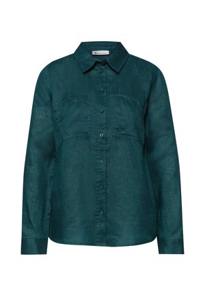 Chemise bleu sarcelle foncé à manches longues, boutonnée, avec col et deux poches poitrine, en tissu léger texturé.