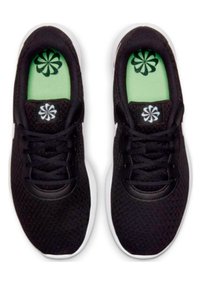 Black athletic shoes with mesh fabric, green insoles, and white soles. Features include laces, logo on the tongue, and a rounded toe design.