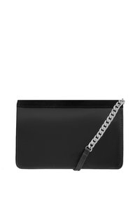 Czarna kopertówka z gładkiej skóry. Posiada pleciony srebrny łańcuszek oraz subtelny zamszowy akcent na górnej krawędzi.