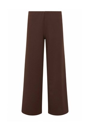 Braune Hose mit weitem Bein, hoher Taille und glatter, ungeknöpfter Vorderseite, vor weißem Hintergrund gezeigt.