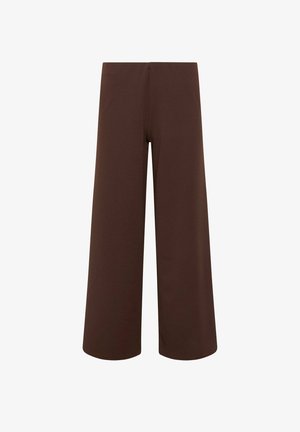 Pantaloni marroni a gamba larga con vita alta e davanti liscio e sbottonato, mostrati su sfondo bianco.