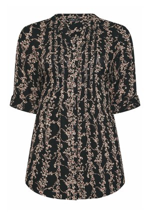 Zwarte blouse met korte mouwen en roze bloemenrankenpatroon, knoopsluiting aan de voorkant en geplooide details op de borst.