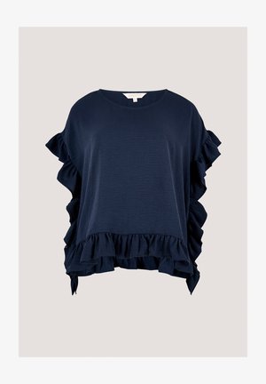 Navyblaues, kurzärmeliges Oberteil mit lockerer Passform, das Rüschendetails am Saum und an den Ärmeln aufweist. Hergestellt aus leichtem Stoff.