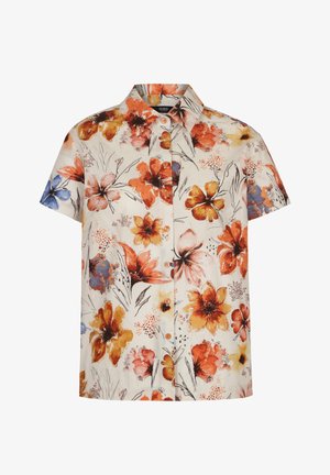Camicia crema a maniche corte con bottoni, con grande stampa floreale arancione, gialla e blu e collo con revers.
