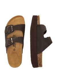 Sandali slide in suede marrone con due fibbie regolabili, fodera in sughero e suola spessa con finitura testurizzata. Taglia 38.