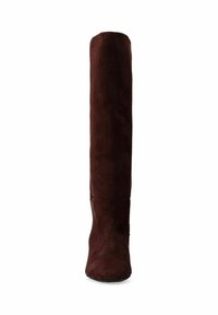 Bottes en suède marron au-dessus du genou avec une silhouette ajustée et un bout arrondi, présentant une texture lisse et un design minimaliste.