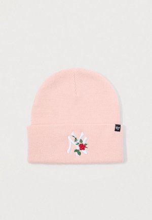 Pink knit beanie with a folded cuff, featuring embroidered white 'NY' logo and red rose design. Soft texture and ribbed pattern.