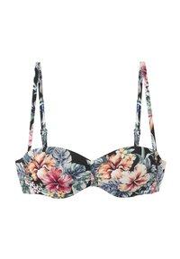 Kvetinový bikiny top s čiernym pozadím, s veľkými hibiskusmi a listovými vzormi. Nastaviteľné ramienka a tvarovaný dizajn pohárov.