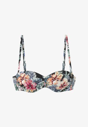 Cvjetni bikinij gornji dio s crnom pozadinom, koji sadrži velike hibiskus i lisnate uzorke. Podesive naramenice i strukturirani dizajn čašica.