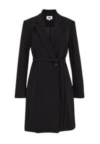 Sacou negru dintr-un material neted, cu un design tip wrap, mâneci lungi și o curea legată în talie, având închidere cu un singur nasture.