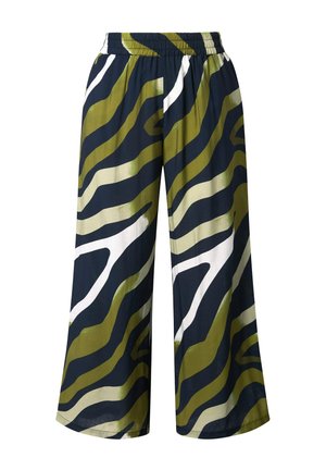 Pantaloni a gamba larga con elastico in vita, caratterizzati da un audace motivo astratto a zebra nei toni del blu scuro, verde oliva, crema e bianco.