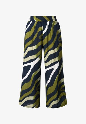 Pantaloni a gamba larga con elastico in vita, caratterizzati da un audace motivo astratto a zebra nei toni del blu scuro, verde oliva, crema e bianco.