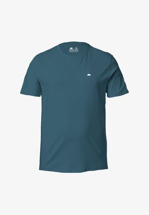 Tegengroen katoenen T-shirt met korte mouwen, ronde hals, met een klein wit berenlogo op het linker borstgedeelte. Soepele textuur, casual ontwerp.