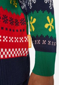 Värviline kootud kampsun, kus on punased, rohelised ja tumesinised mustrid, sealhulgas lumememmed ja lillemustrid. Soonikkätega varrukad tagavad tiheda istuvuse.