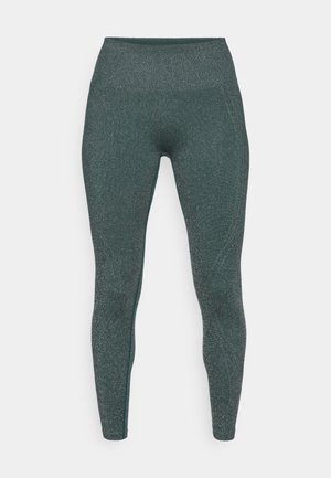 Leggings di un verde scuro con una finitura metallica. Design a vita alta, tessuto liscio e aderenza ai fianchi. Senza cuciture visibili o motivi.