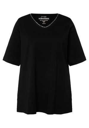 Musta lyhythihainen paita, joka on valmistettu puuvillasta. Siinä on V-pääntie koristeellisine reunuksineen, väljä malli ja suora helma.