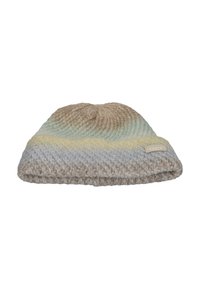 Knitted beanie with a gradient pattern in pale blue, yellow, and beige. Features a folded brim and a small tag on the side.